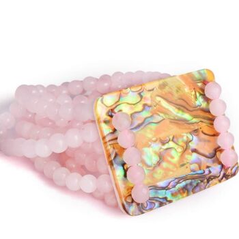 Gempro Genuine Rose Quartz Abalone Layered Design Stretch Bracelet for Women, Pink