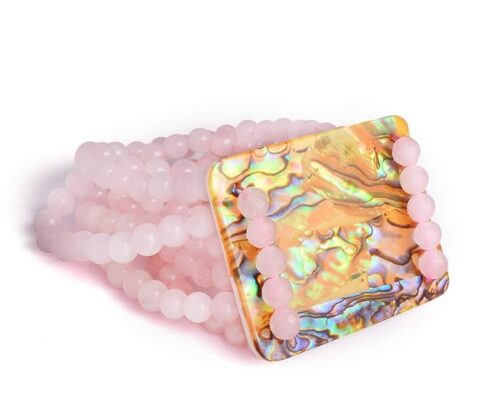 Gempro Genuine Rose Quartz Abalone Layered Design Stretch Bracelet for Women, Pink