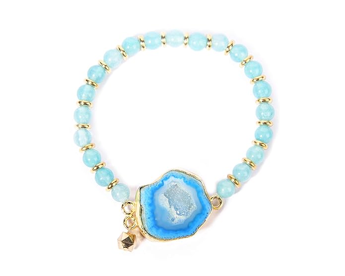 Gempro Gemstones Jewelry Genuine Blue Druzy and Jade Gold Plated Stretchable Bracelet for Women and Girls - Image 3