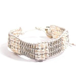 Gempro Genuine Fresh Water Pearl Tribal 3 Layered White Cord Bracelet for Women