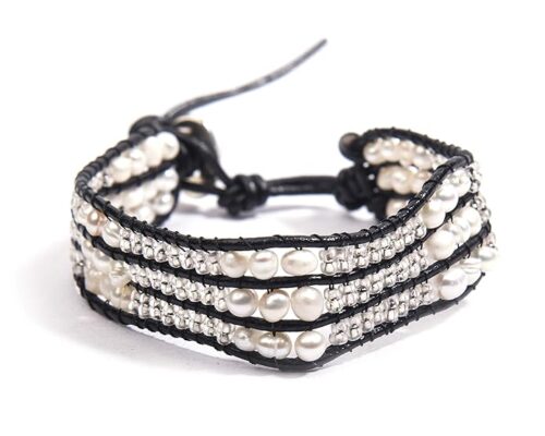 Gempro Genuine Fresh Water Pearl Tribal 3 Layered Brown Cord Bracelet for Women