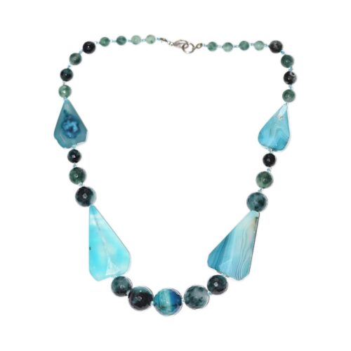 Gempro Gemstone Designer Blue Agate Onyx Stone Beads Necklace Single Line for Women and Girls
